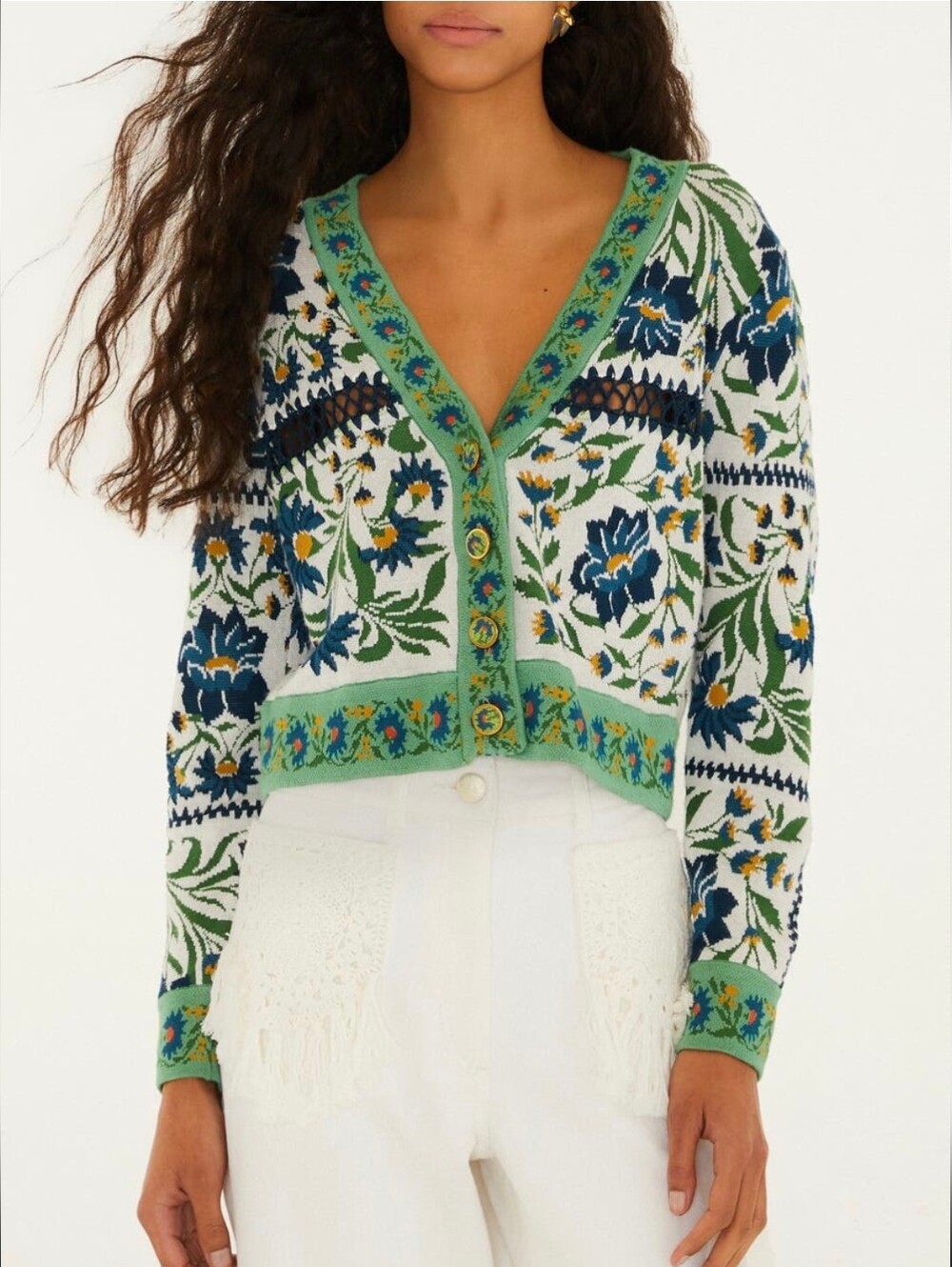 FARM RIO Off-White Manoela Buttoned Floral Knit Crop Cardigan